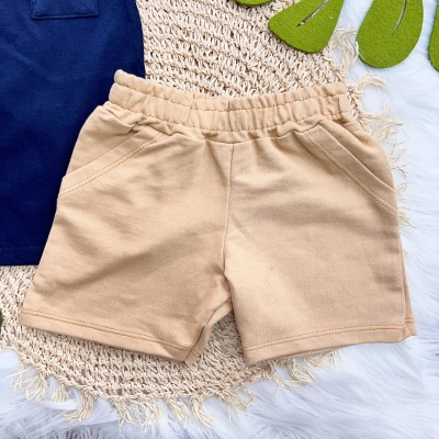 Conj. Camiseta Found Paradise e Bermuda em Moletinho - Marinho e Caramelo